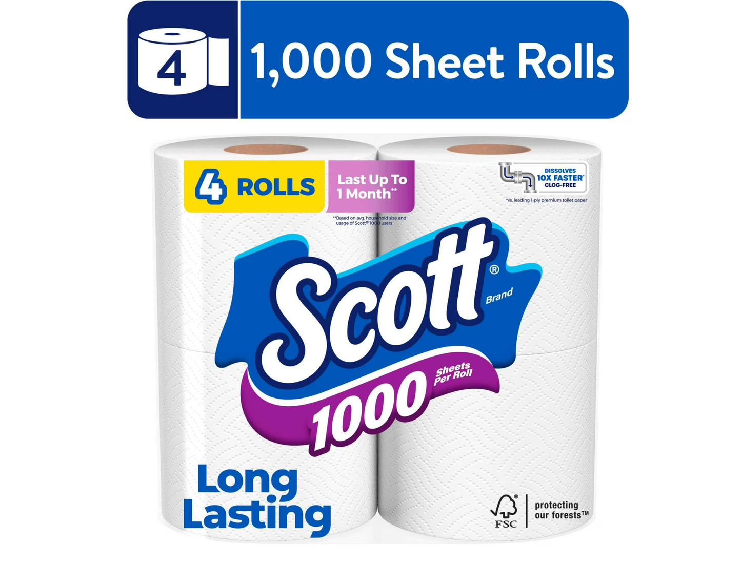 Scott Papel Higiénico, 4 Rollos de 1000 Hojas
